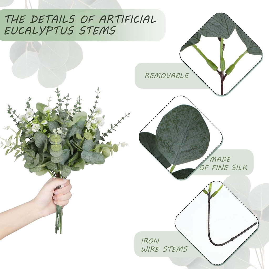 Artificial Eucalyptus Leaves Stems 120 Pcs 4 Kinds Mixed Fake Silver Dollar Eucalyptus Leaves Stem with Dandelion Bulk Faux Leaf for DIY Bouquets Floral Arrangement Wedding Home Decor