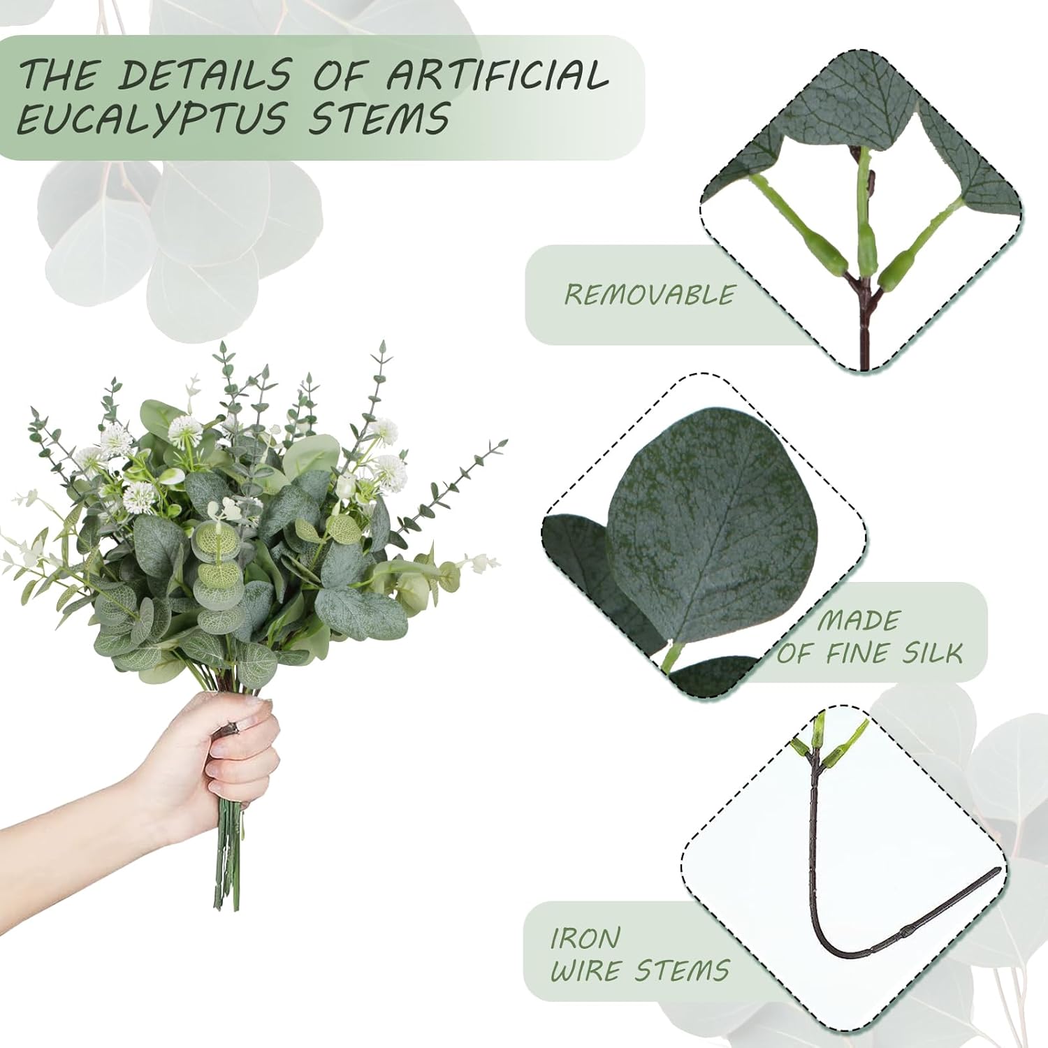 Artificial Eucalyptus Leaves Stems 120 Pcs 4 Kinds Mixed Fake Silver Dollar Eucalyptus Leaves Stem with Dandelion Bulk Faux Leaf for DIY Bouquets Floral Arrangement Wedding Home Decor