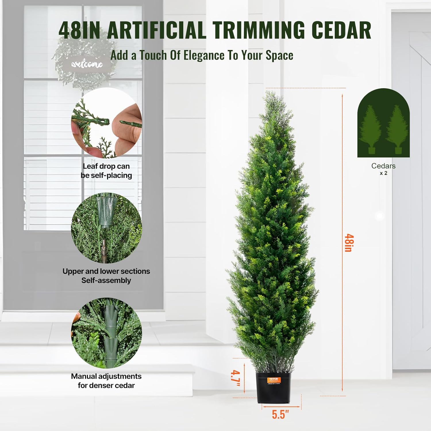 VEVOR Artificial Topiary Cedar Tree, 48 inch Tall (2 Pieces), with Extra Leaves & Pot Faux Evergreen Fake Pine Cypress Trees Plant, UV Rated Artificial Greenery Set for Home Decor Indoor/Outdoor