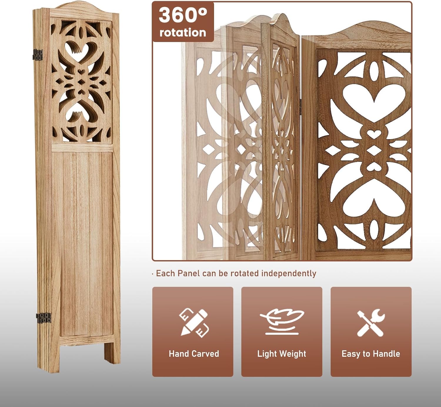 6 Panel Room Divider Fully Assembled, Carved Room Dividers and Folding Screens, 5.6Ft Wood Room Divider Screen Freestanding Partition Wall Dividers for Home Bedroom Office, Rustic Wood Color