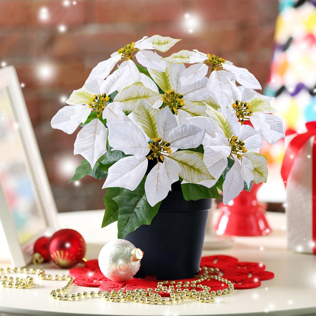 Artificial Poinsettia Flowers - 14Inch Faux Christmas Plant, Cream Winter Flowers for Indoor/Outdoor Xmas Ornament, Porch & Home Garden Decorations