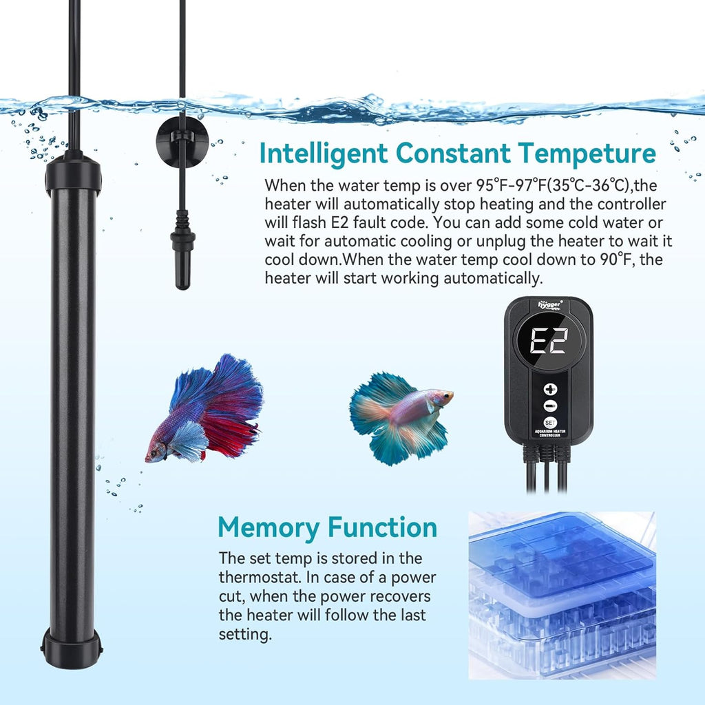 hygger Marine Aquarium Heater 200W,Titanium Heater with Digital LED Controller & Temperature Probe,Submersible Fish Tank Heater with Temperature Calibration,for Saltwater Freshwater Tank 30-40Gallon