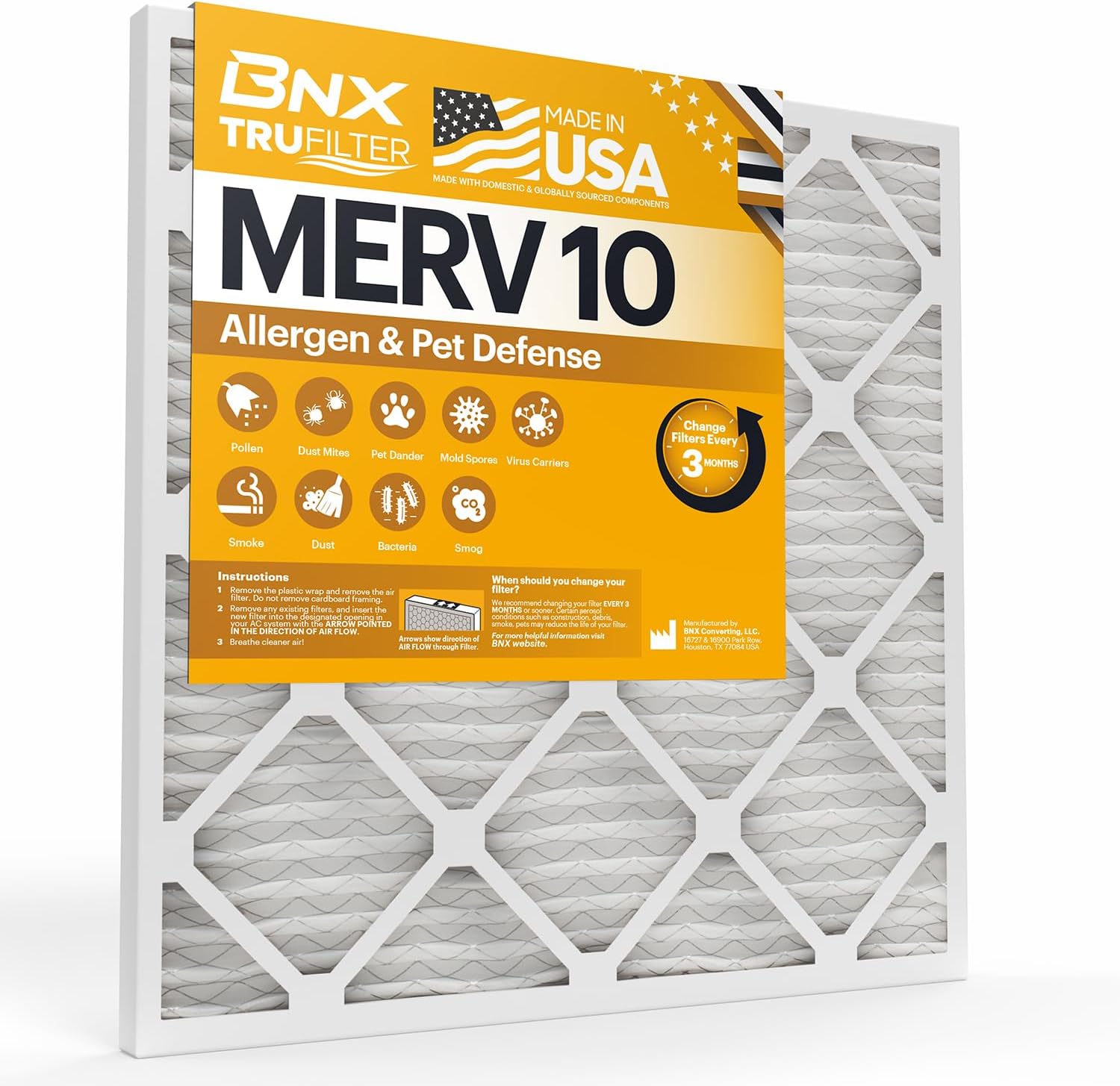 BNX TruFilter 20x25x1 MERV 10 (4-Pack) AC Furnace Air Filter - MADE IN USA - Pleated Air Conditioner HVAC AC Furnace Filters - Removes Odor, Mold, Bacteria, Smoke