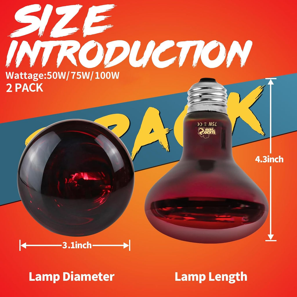 LUCKY HERP Infrared Heat Lamp 75W 2 Pack，Reptile & Amphibian Basking Spot Light Bulbs, Red Heat Lamp Bulbs for Reptiles, Bearded Dragon, Turtle, Lizard, Snake, Chicken