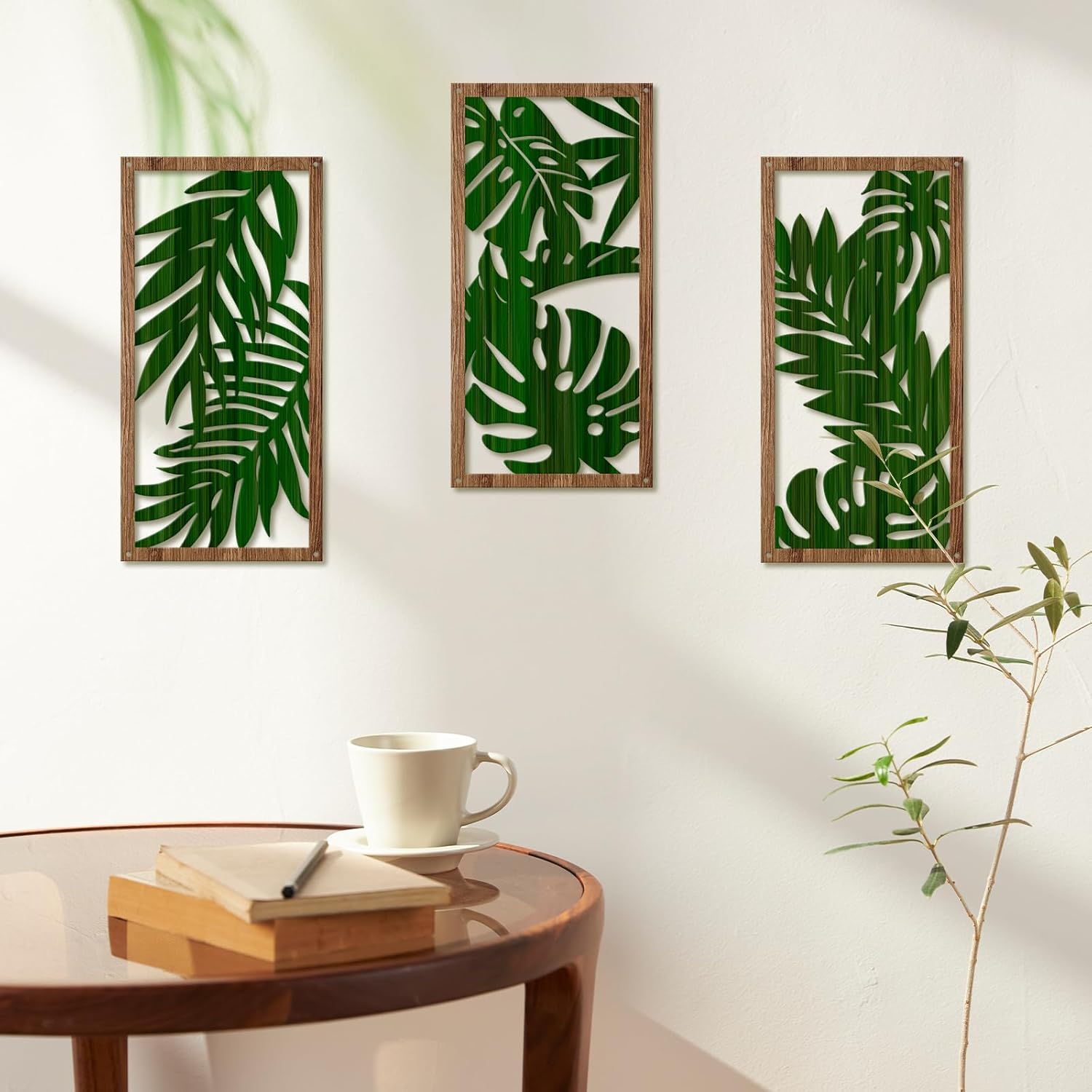 Oubasa Metal Palm Leaves Wall Decor, 3 Pcs Boho Palm Leaf Wall Art Bathroom Decor, Tropical Botanical Plant Art for Home Bedroom Decoration, 15.7 x 7.8 Inches