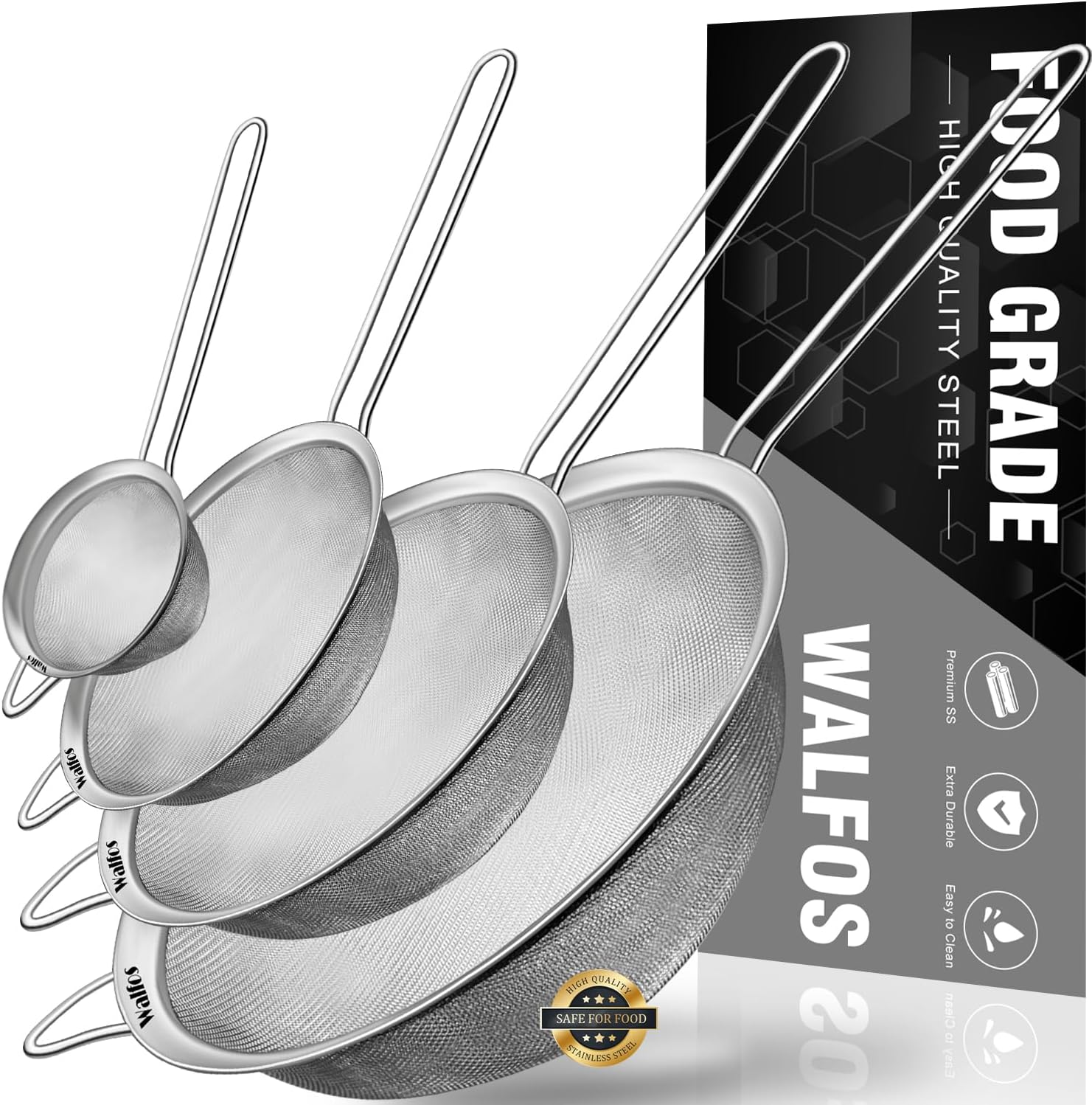 Walfos Extra Fine Mesh Strainer Set of 4-9.35", 6.95", 4.6", 2.7", Stainless Steel 30 Mesh Sieve with Sturdy Handle, Kitchen Food Strainers Sifters for Quinoa, Pasta, Fruits, Vegetables, Rice, Tea