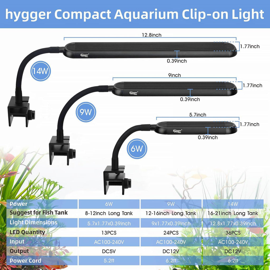 hygger 8-19 Gallon Clip-on Aquarium Light with White Blue Red LEDs Fish Tank Lighting Built-in Timer 5 Brightness Levels 14W