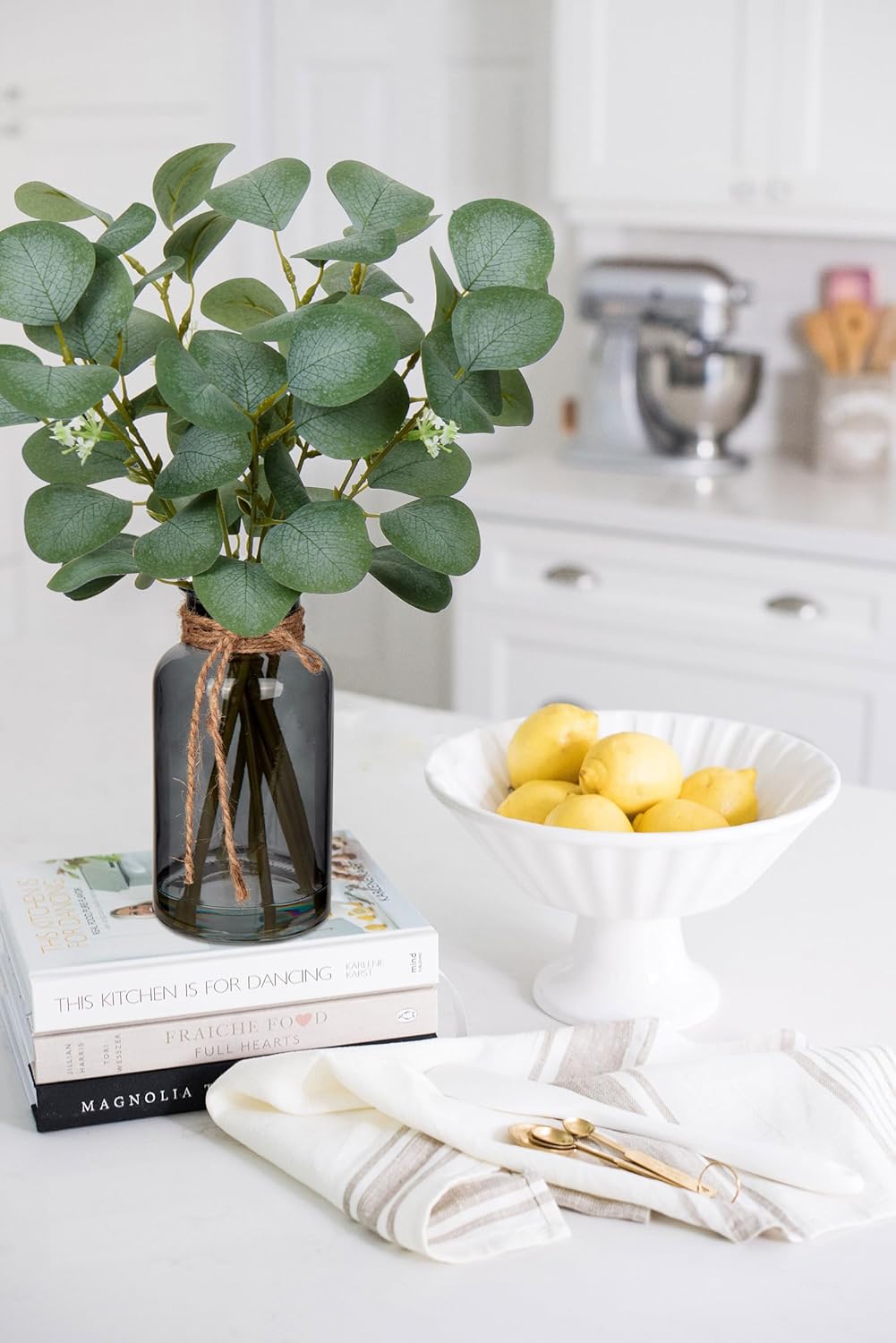 Briful Artificial Eucalyptus Stems in Black Glass Vase with Faux Water, 14" Fake Plant Eucalyptus Leaves for Home Office Farmhouse Wedding Centerpiece Décor