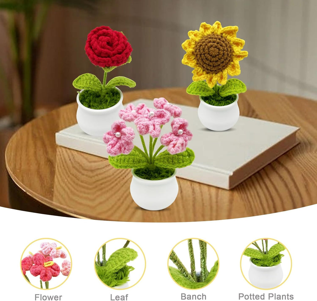 3pcs Crochet Flowers Cute Potted Flower,Mini Flower Bouquet for Mom Wife, Cute Desk Decor for Women,Artificial Handmade Flowers for Car Dashboard,Home Office Decoration (Color#4)