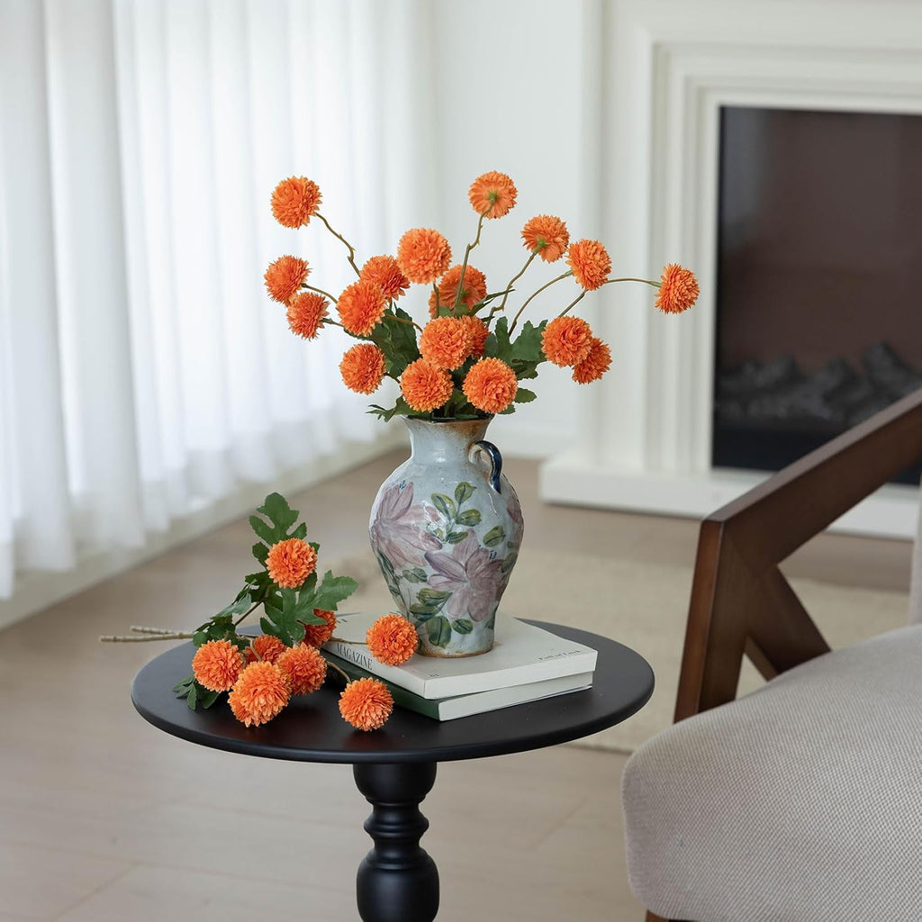 mizii 6Pcs Orange Fake Silk Pompon Mum Artificial Flowers Bulk Small Faux Chrysanthemums with Stems Realistic Floral Decorations for Wedding DIY Bouquet Centerpieces Shower Vase Home Decor (Orange)