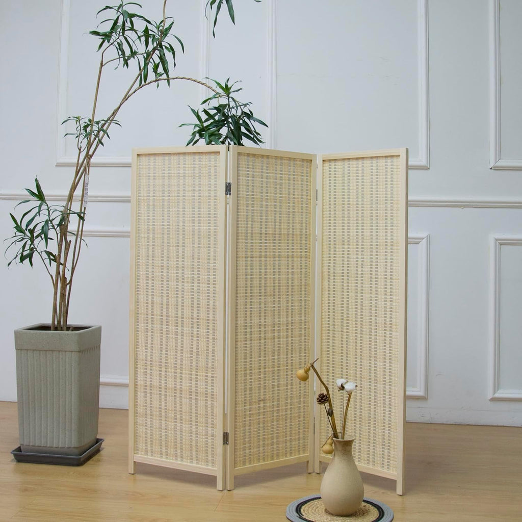 3 Panel Room Divider Short Folding Screen Divider,Double Sided Bamboo Divider Screen for Room Separation,Beige,47.2" H x 46.1" W