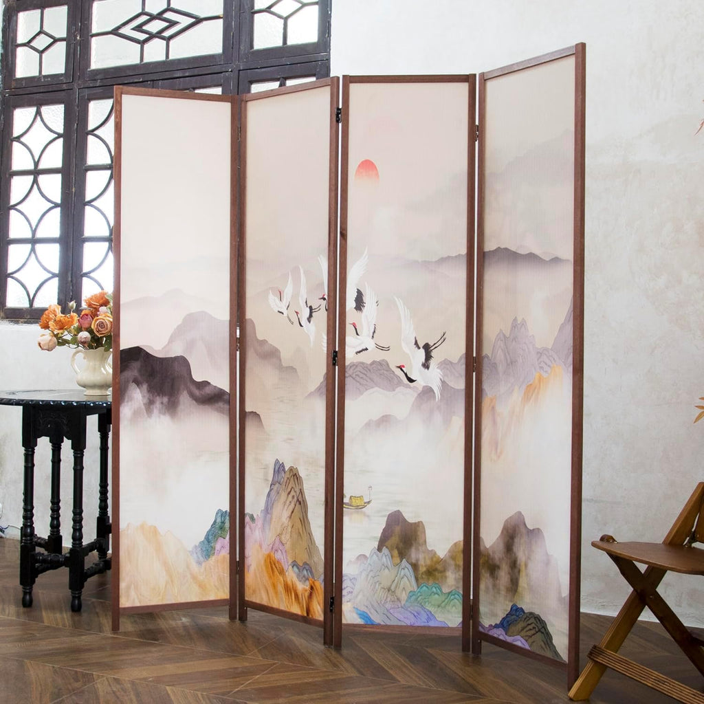 4 Panel Room Divider Screen,Double Faced Panel Divider Folding Screen Divider for Room Separation,Colorful Landscape,67" H x 63" W