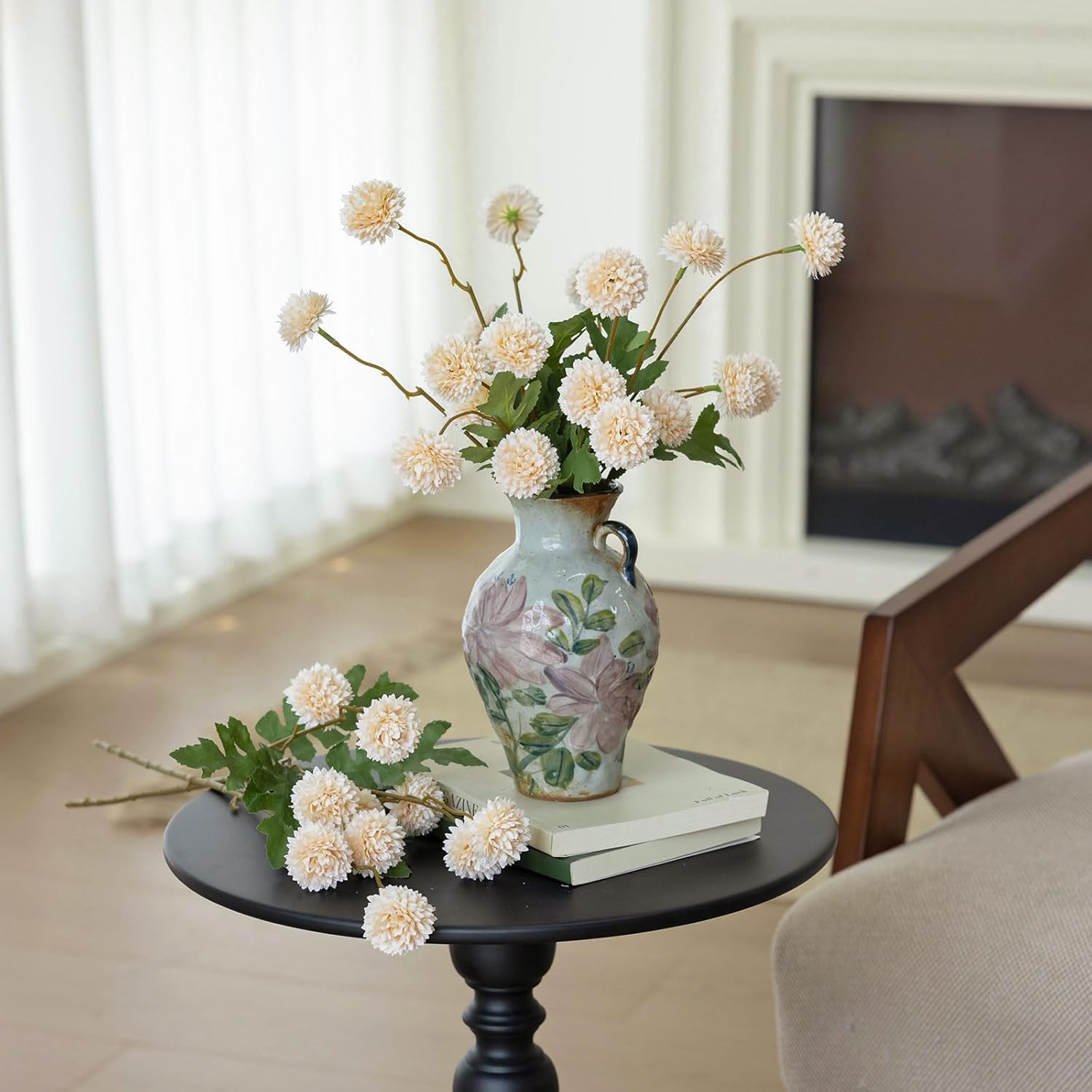mizii 6Pcs Beige Fake Silk Pompon Mum Artificial Flowers Bulk Small Faux Chrysanthemums with Stems Floral Decorations for Wedding DIY Bouquet Centerpieces Shower Vase Home Decor (Bright Beige)