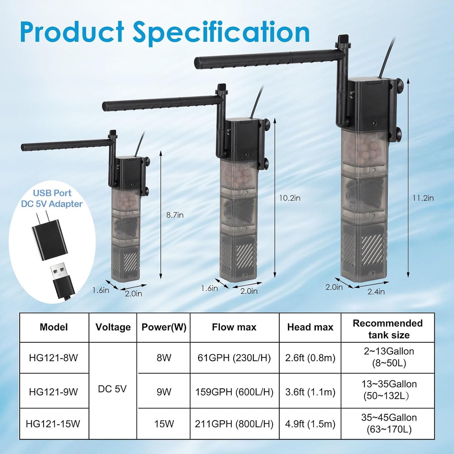 hygger Aquarium Filter DC 5V Multiple Function Power Quiet Fish Tank Filter with Rainfall Aeration 3-Stages Filtration Adjustable Submersible Internal Fish Filter for 2-13 Gallon Small Tank
