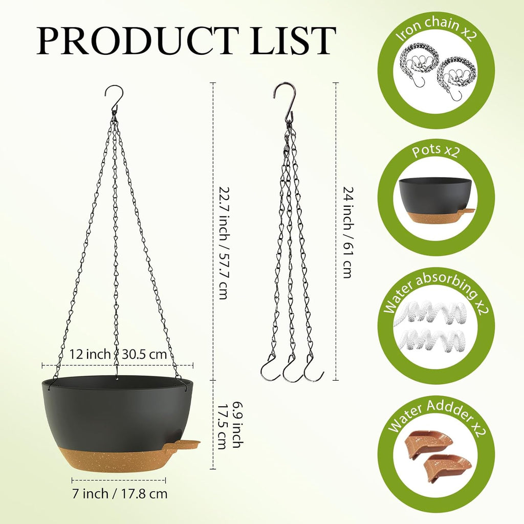 12 Inch Hanging Baskets 2 PC with Chains, Self-Watering Hanging Planters for Indoor Outdoor Plants, Plastic Hanging Flower Pots,Black Brown