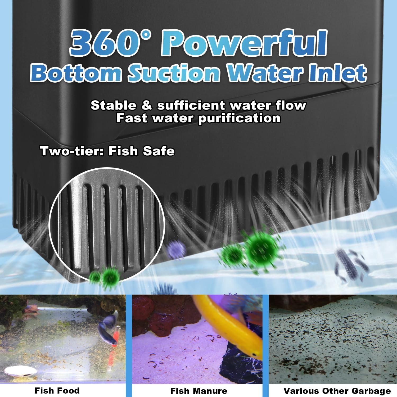 290GPH Turtle Tank Filter for 40-85 Gallon, Turtle Filter Low Water Level Available and Flow Adjustable, Turtle Water Filter for Shrimps Amphibians Turtle Tank Saltwater Freshwater Crystal Clear