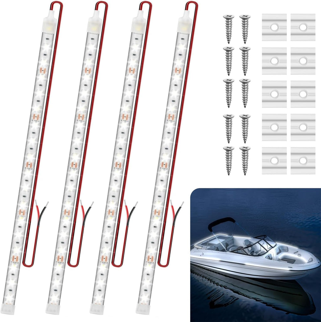 Boat Marine Submersible Led Strip Lights, 4 Pcs 12 Inches 12V Super Bright Boat Interior Lights, IP68 Waterproof Marine Led Strip Lights Night Fishing Lights for Boats, Kayak (White)