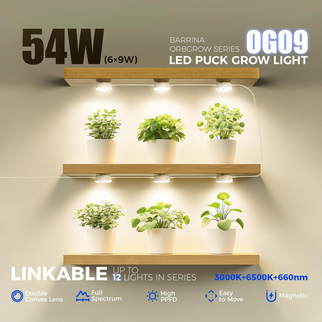 Barrina Orbgrow OG09 Puck Grow Light with Timer, 660nm Red LEDs 54W(6 x 9W, 810 Watt Equiv), Full Spectrum Plant Light for Indoor Plant, Magnetic & Linkable, 5 Levels Dimmable for Plant Shelf, 6 Packs
