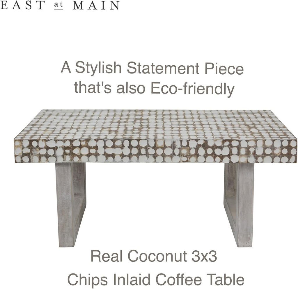 East at Main White Coffee Table – Handmade Accent Table with Coconut Shell Inlay, 40" Rectangular Wood Table for Living Room, Coastal Farmhouse or Boho Decor