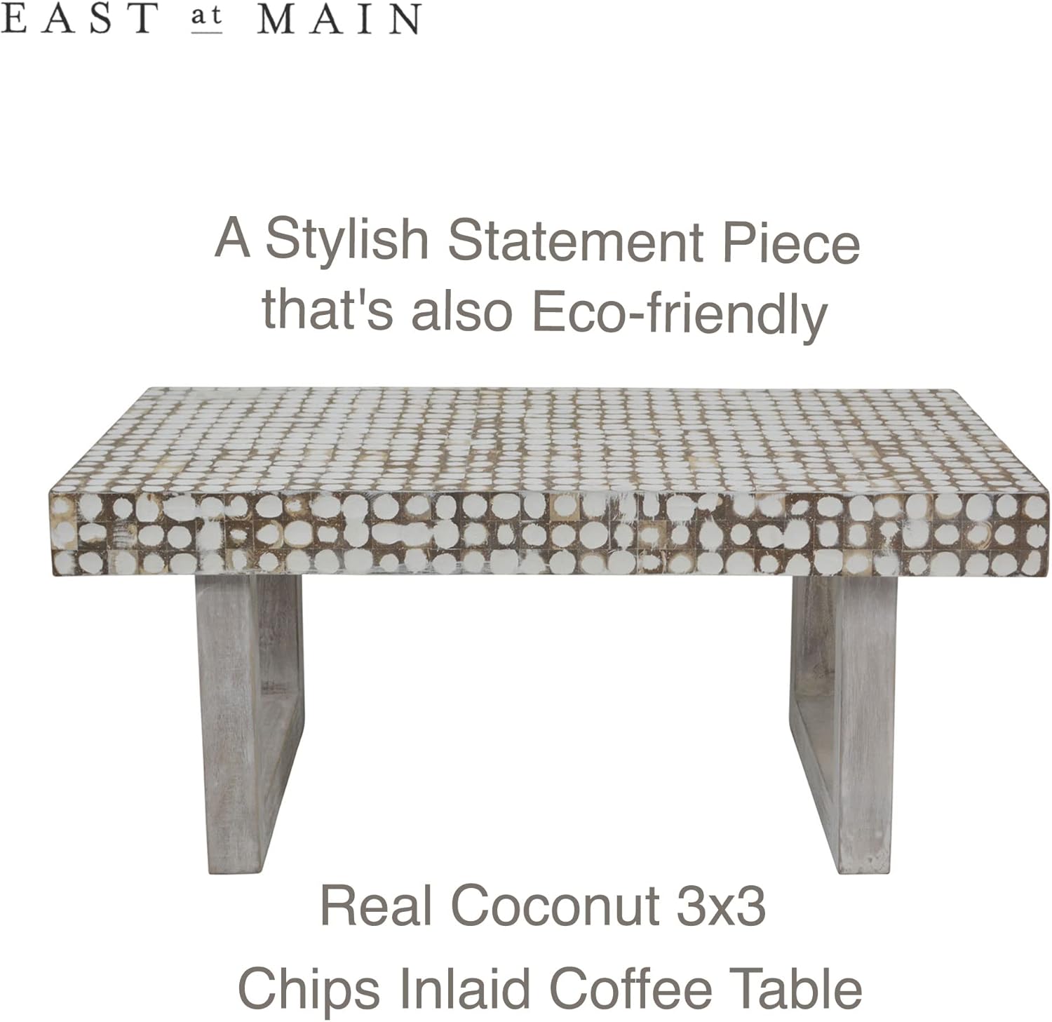 East at Main White Coffee Table – Handmade Accent Table with Coconut Shell Inlay, 40" Rectangular Wood Table for Living Room, Coastal Farmhouse or Boho Decor