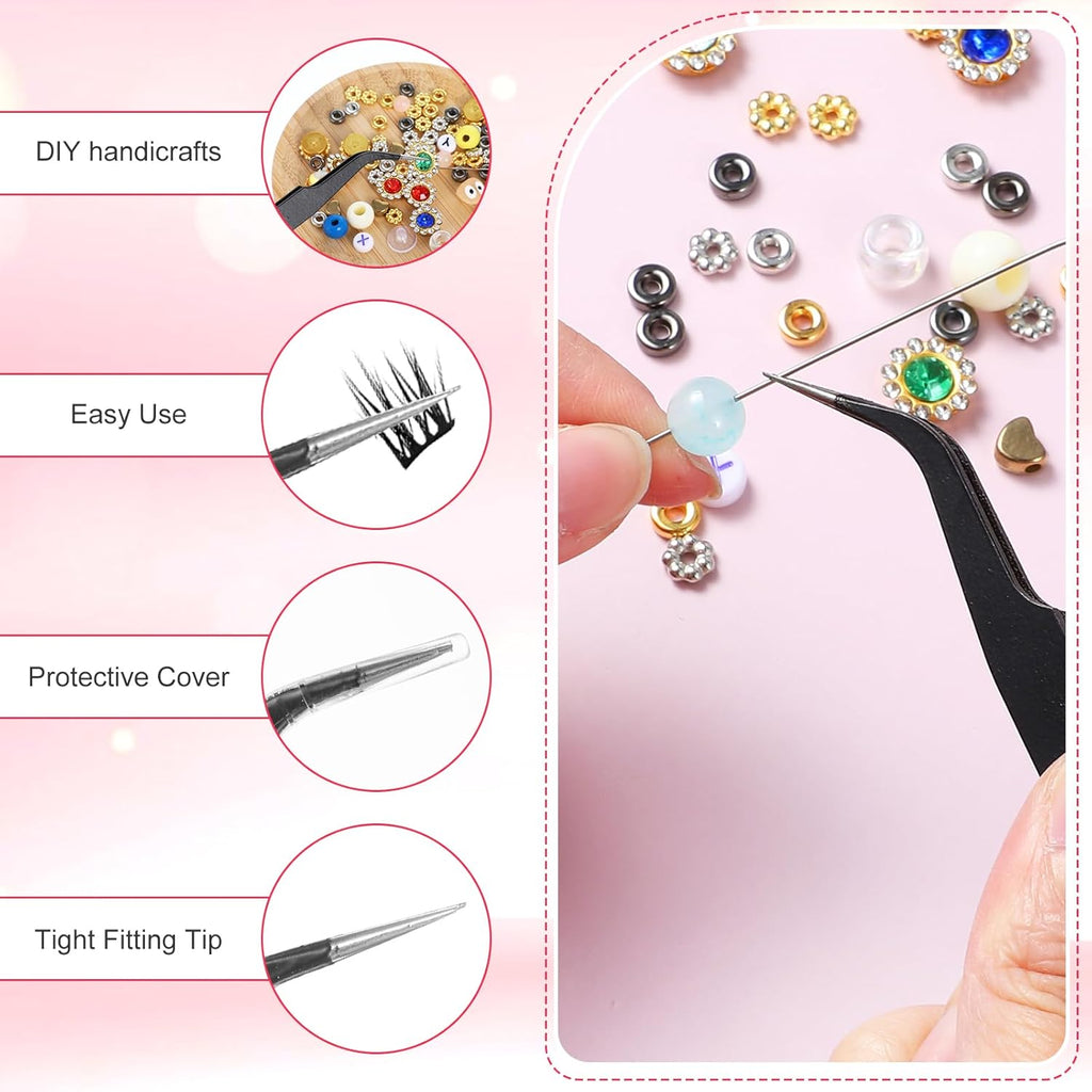 10 Pieces Tweezers for Crafting Stainless Steel Curved Pointed Tweezers Precision Tweezer with Protective Cover for Eyelash Extensions Stickers Rhinestones Crafts (Black)