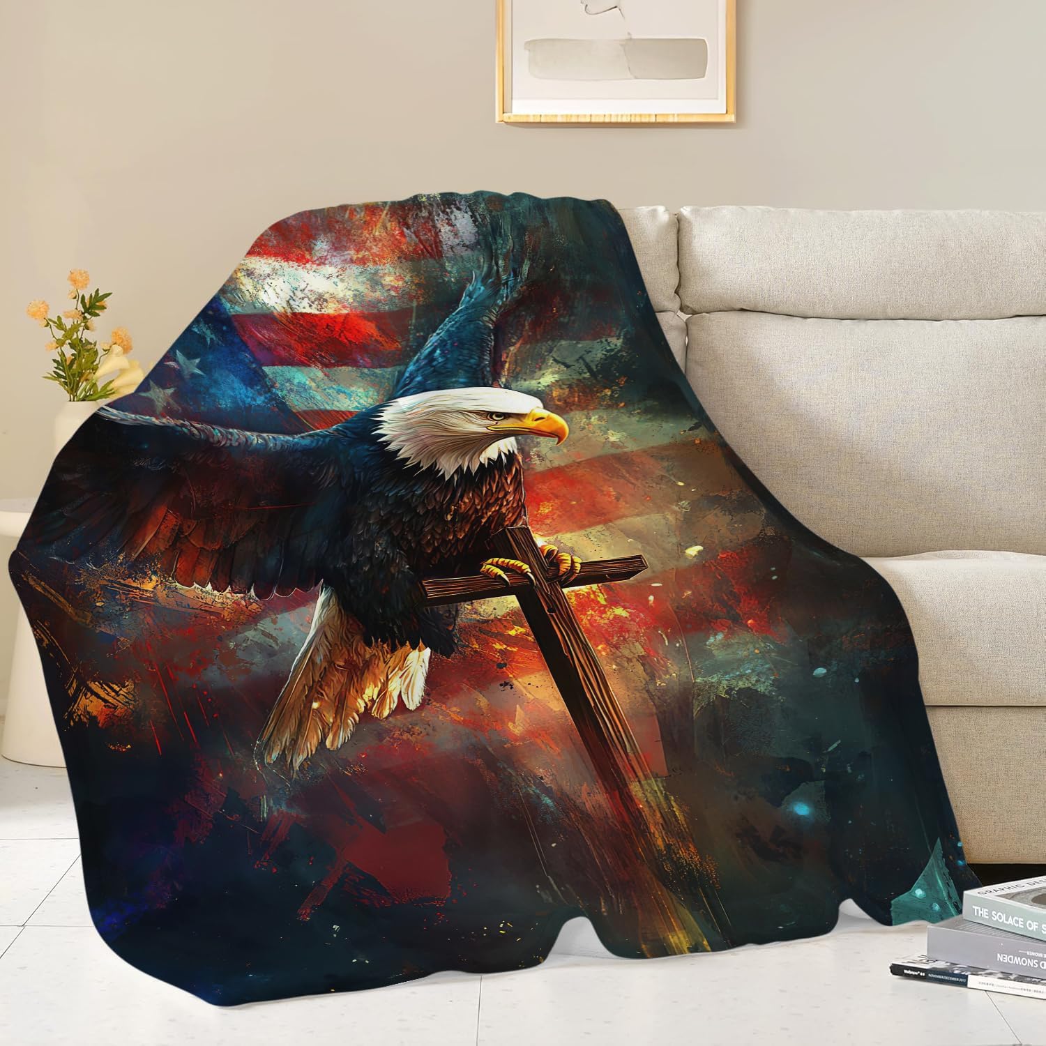 Bald Eagle Blanket American Flag Eagle Throw Blanket Gifts for Men Women Boys Girls Kids Adults Super Soft Cozy Plush Fluffy Fuzzy Fleece Blanket Home Decor 60''X80''