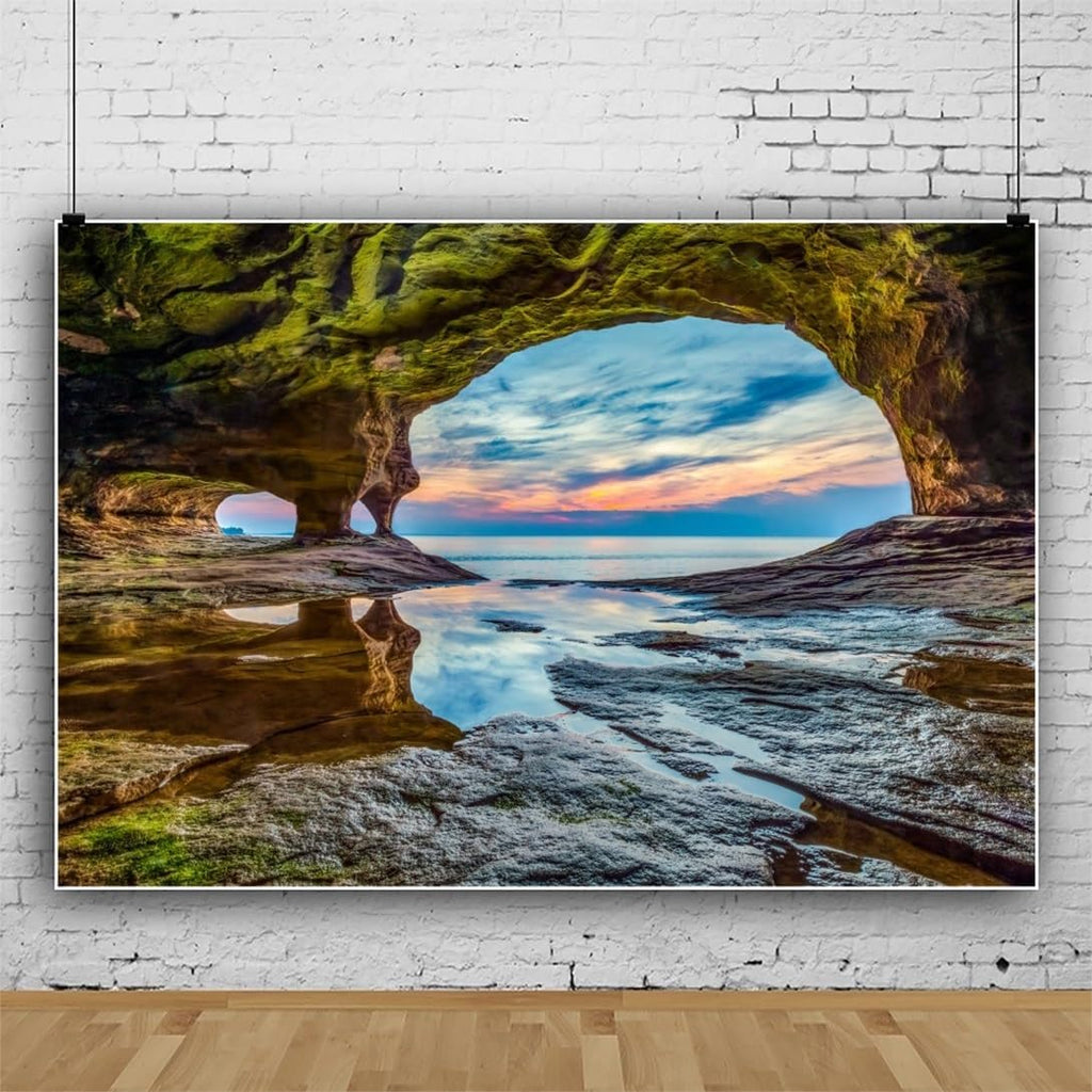 10x6.5ft Ocean Backdrop Summer Tunnel Mountain Sunset Blue Lake Water Moss Seaside Scenery Luau Photography Background Party Holiday Birthday Wedding Studio Photo Props Polyester