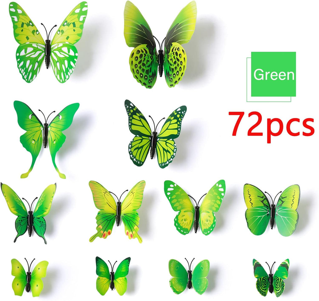 LiveGallery 72 PCS Green Removable 3D DIY Beautiful Butterfly Wall Decals Colorful Butterflies Art Decor Wall Stickers Murals for Kids Baby Boy Girls Bedroom Classroom Offices (Green)