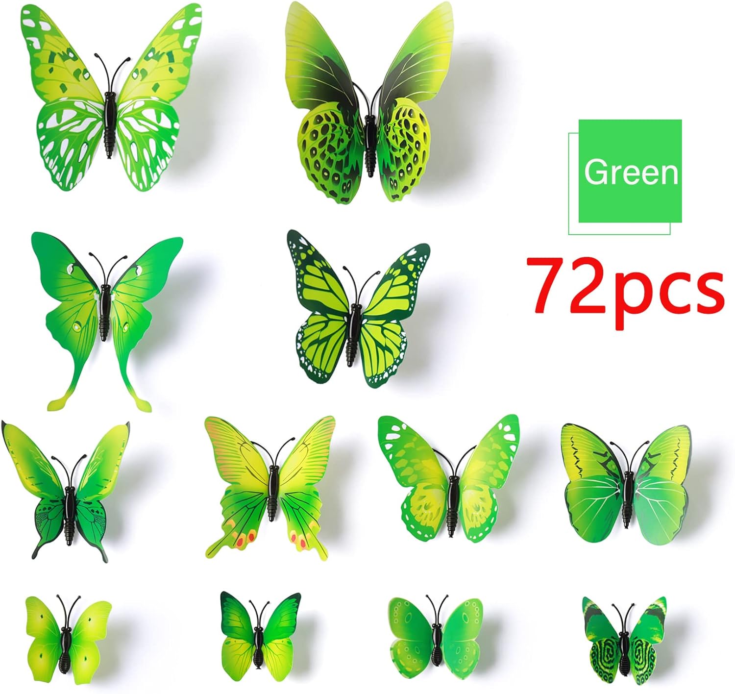 LiveGallery 72 PCS Green Removable 3D DIY Beautiful Butterfly Wall Decals Colorful Butterflies Art Decor Wall Stickers Murals for Kids Baby Boy Girls Bedroom Classroom Offices (Green)