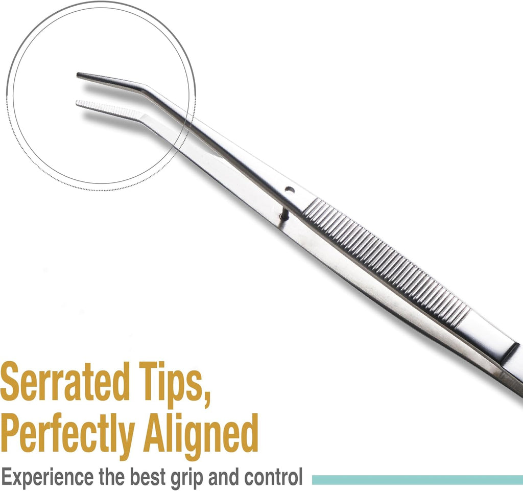 Beaditive 6-inch Sewing Machine Tweezers Set (10-PC) Serrated Bent Tips | Professional Grade, High Precision | Stainless Steel