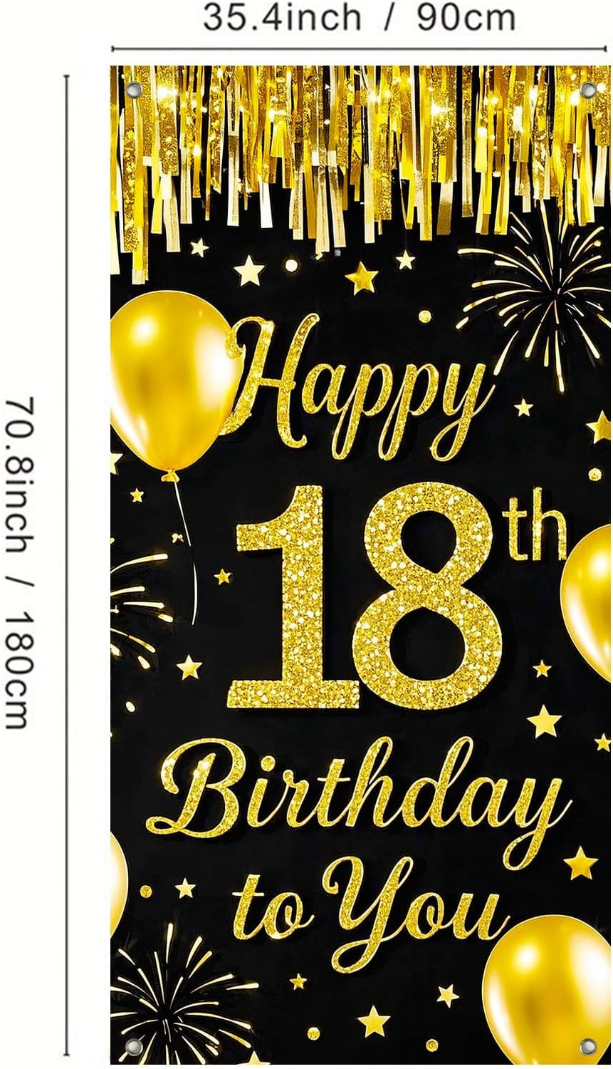 IVN 18th Birthday Door Cover 71x35 Inch Black Gold Birthday Banner for Party Decorations Balloons Stars Fireworks Backdrop Sign for Men Women Photo Booth Prop Wall Decor