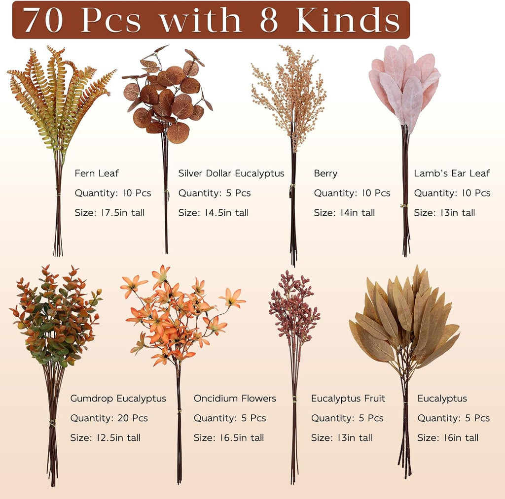 YXZZWL Artificial Greenery Stems Box Set for Fall Decorations，70 Pcs with 8 Kinds of Faux Eucalyptus Branches for Autumn Wedding DIY Bouquets Floral Arrangement Table Centerpieces (Brown & Orange)