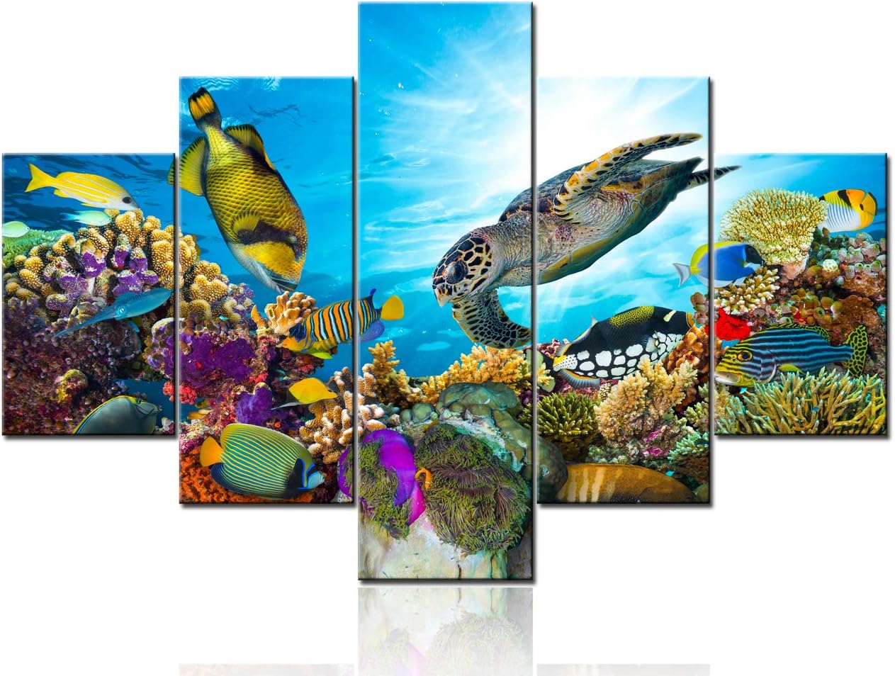 Undersea Canvas Art Wall Coral and Many Fishes Pictures Sealife Painting 5 Panel Colorful Wall Art House Decor Sea Turtle Artwork Framed Ready to Hang in Living Room Poster and Prints(60''Wx 40''H)