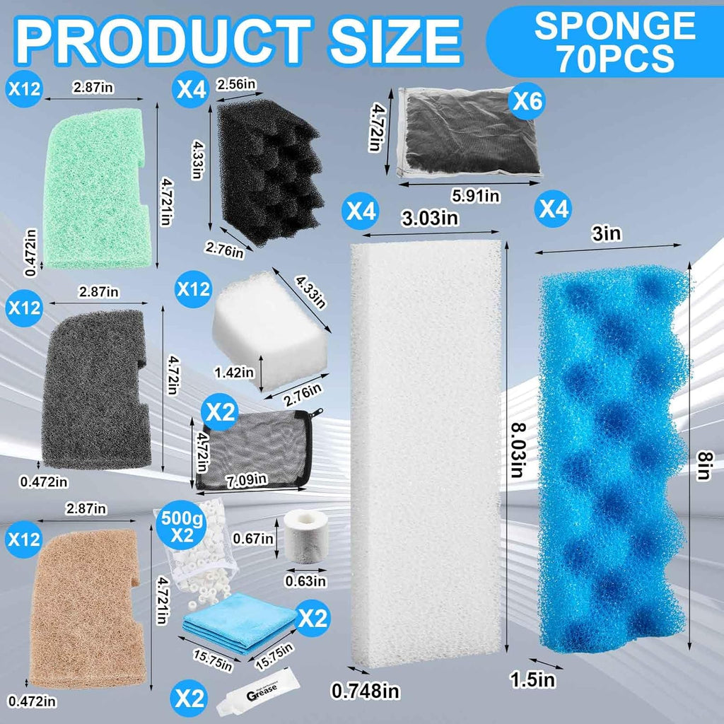 68 Pcs Filter Media Compatible with Fluval 306/307, Replacement Canister Filter Media Kit Mesh Bags, Quick Clear, Foam, Nitrite/Phosphate/Ammonia Remover, Towel, Grease 12-Month Maintenance