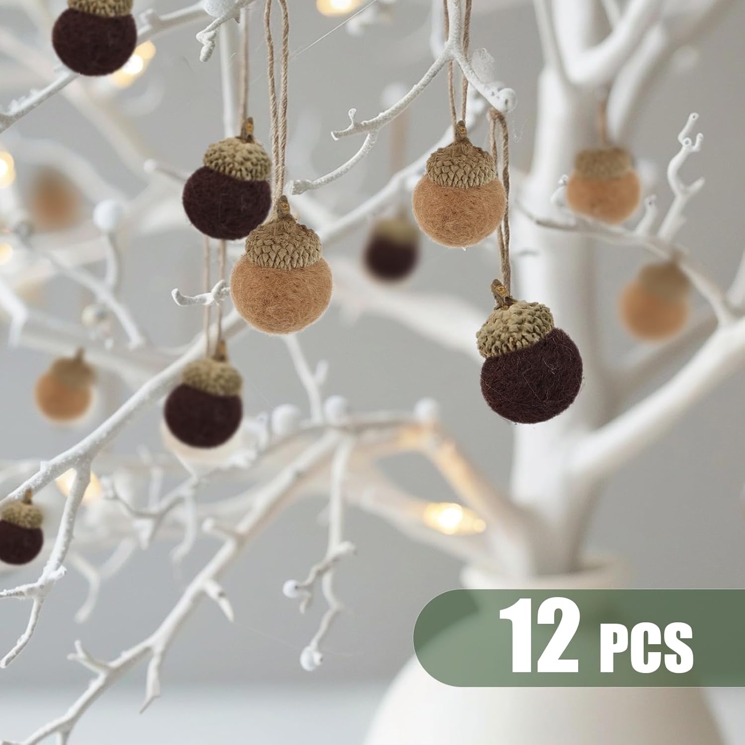 12pcs Felt Acorn Ornaments for Woodland Christmas Tree Mini Realistic Brown Handmade Acorns for Decorations Seasonal Trees Farmhouse Mantel Wall Decor