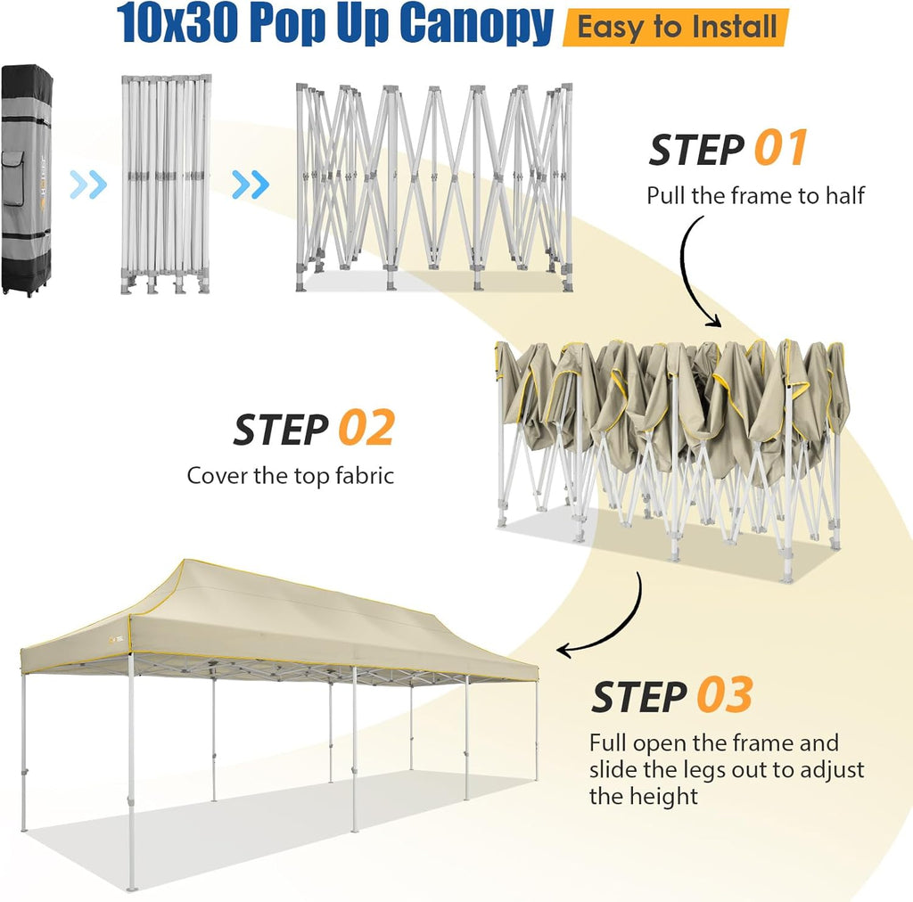 HOTEEL 10x30 Pop up Canopy Tent for Parties, Heavy Duty Easy Setup Tent Without Sidewalls, Outdoor Commercial Instant Gazebo for Wedding Event, with Portable Bag, Khaki(Hexagonal Frame)