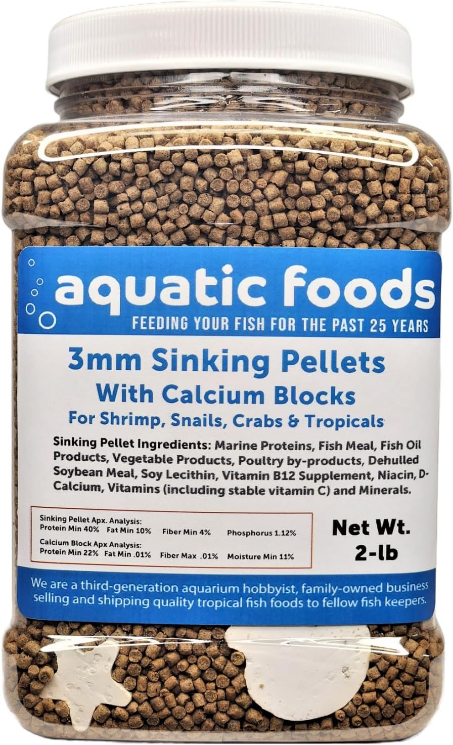 Aquatic Foods Inc. Calcium Blocks Included in These 40% Protein 3mm Sinking Pellets for Shrimp, Snails, Crabs, Catfish, Plecos for All Tropical Fish. Pellets by Zeigler…2-lb Med Jar