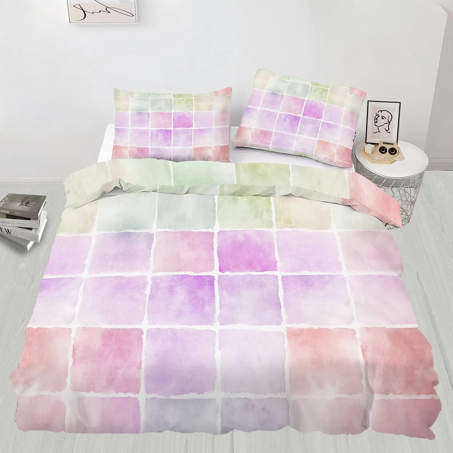 Color Lattice Duvet Cover Twin Multicolored Checkered Plaid Bedding Set 2 Piece for Kids Decor Comforter Cover and 1 Pillow Sham with Zipper Closure