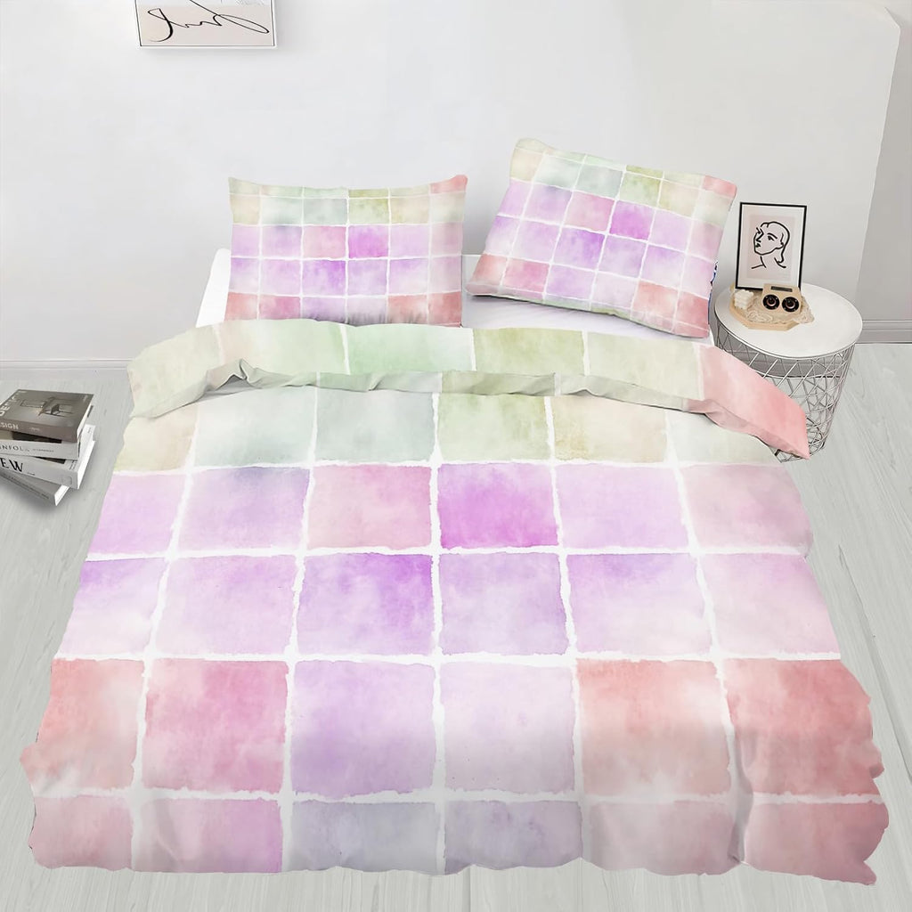 Color Lattice Duvet Cover Twin Size, Multicolored Checkered Plaid Bedding Set 2 Piece Kids and Adults Comforter Cover and 1 Pillow Sham with Zipper Closure
