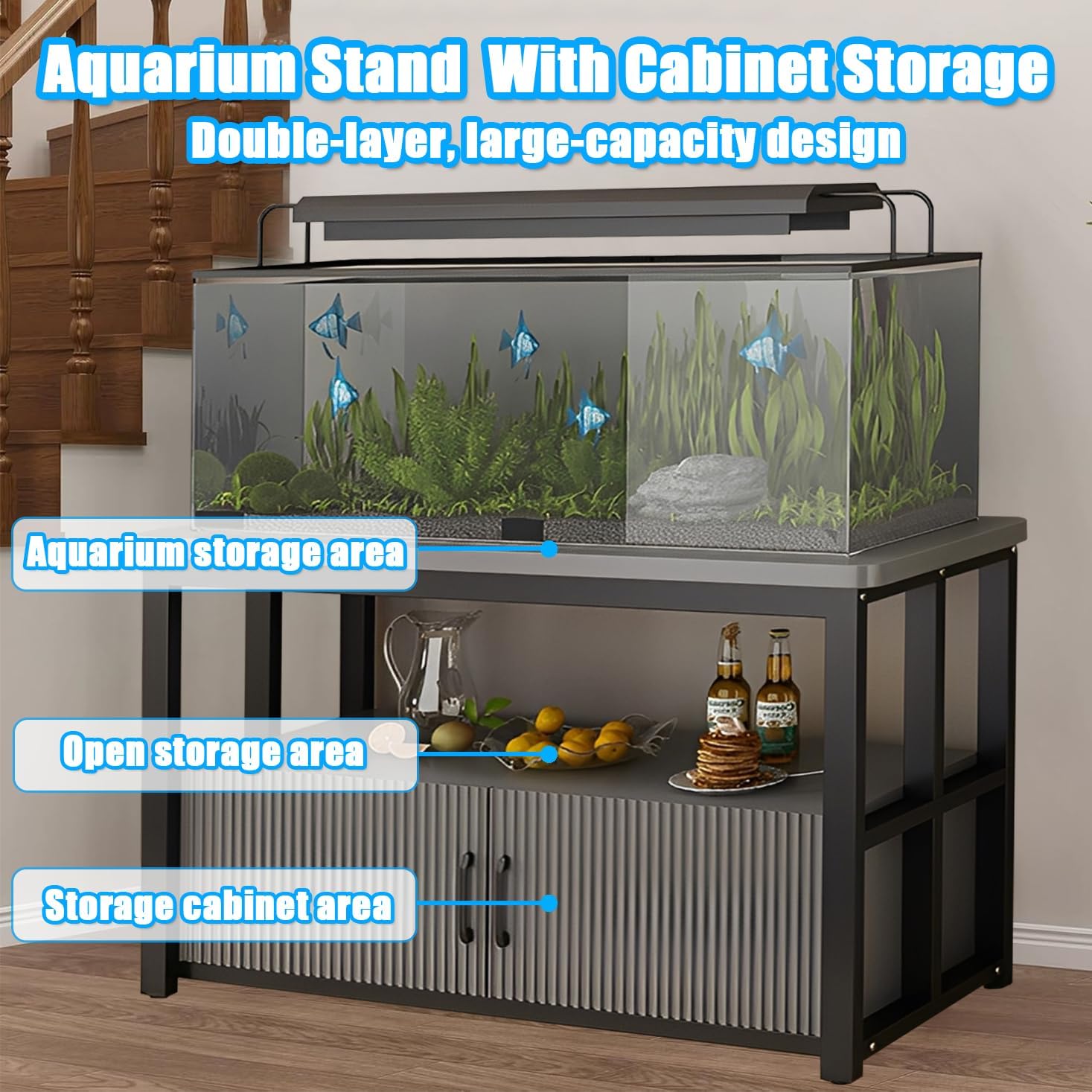 5-75 Gallon Aquarium Stands, 3 Tier Metal Frame Fish Tank Stand with Cabinet Storage, Reptile Tank Stand for Home Living Room Bedroom Office, 2200LBS Capacity (black+gray, L27.6″*W15.7″*H23.6″)