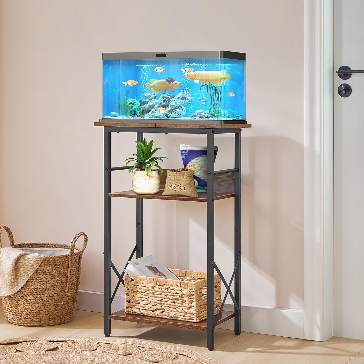 HOOBRO 10 Gallon Aquarium Stand, 3-Tier Fish Tank Stand with Storage, Reptile Turtle Tank Stand with Metal Frame, 20.5" L x 11" W , Rustic Brown BF52FT01