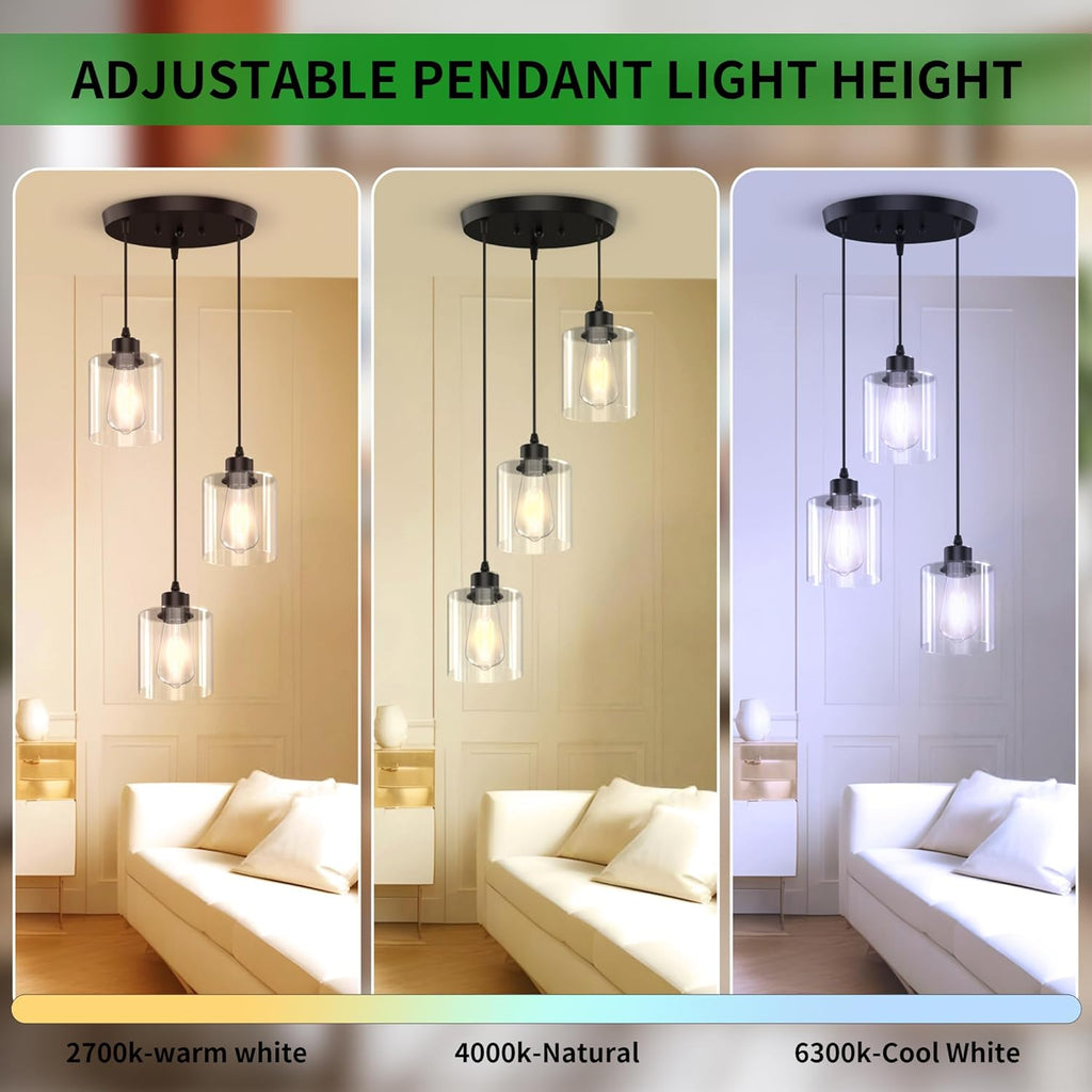 3-Light Pendant Lighting for Kitchen Island, Dining Room, Hallway, Foyer, Entryway, Matte Black Ceiling Light Fixture with Clear Glass and Upgraded 4.7" Shades