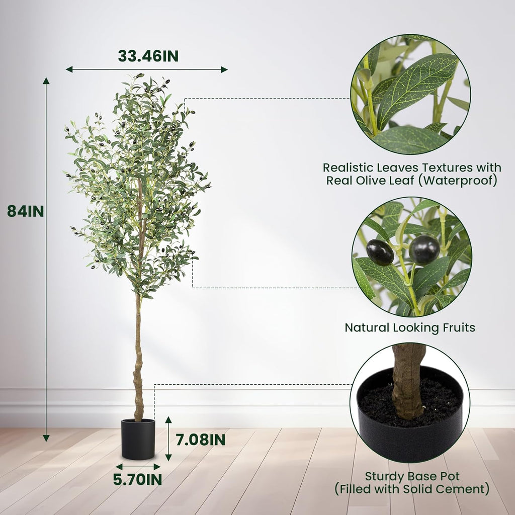 ANTING Artificial Olive Tree, 7FT Faux Olive Tree with Pot, 84in Faux Plants Indoor with Realistic Trunk, 1656 Leaves and 92 Fruits for Home Office Decor Outdoor 1Pack