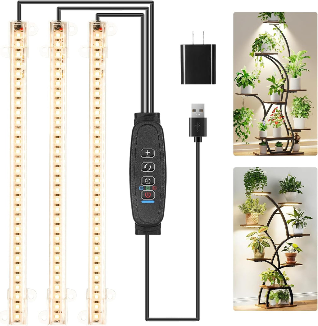 10.2'' 3 Head Grow Light Strips, LED Grow Lamps for Indoor Plants, Full Spectrum 3000K, Plant Light with 3/9/12H Timer, 10 Dimmable Levels for Seedling Succulent, Match for Plant Shelf