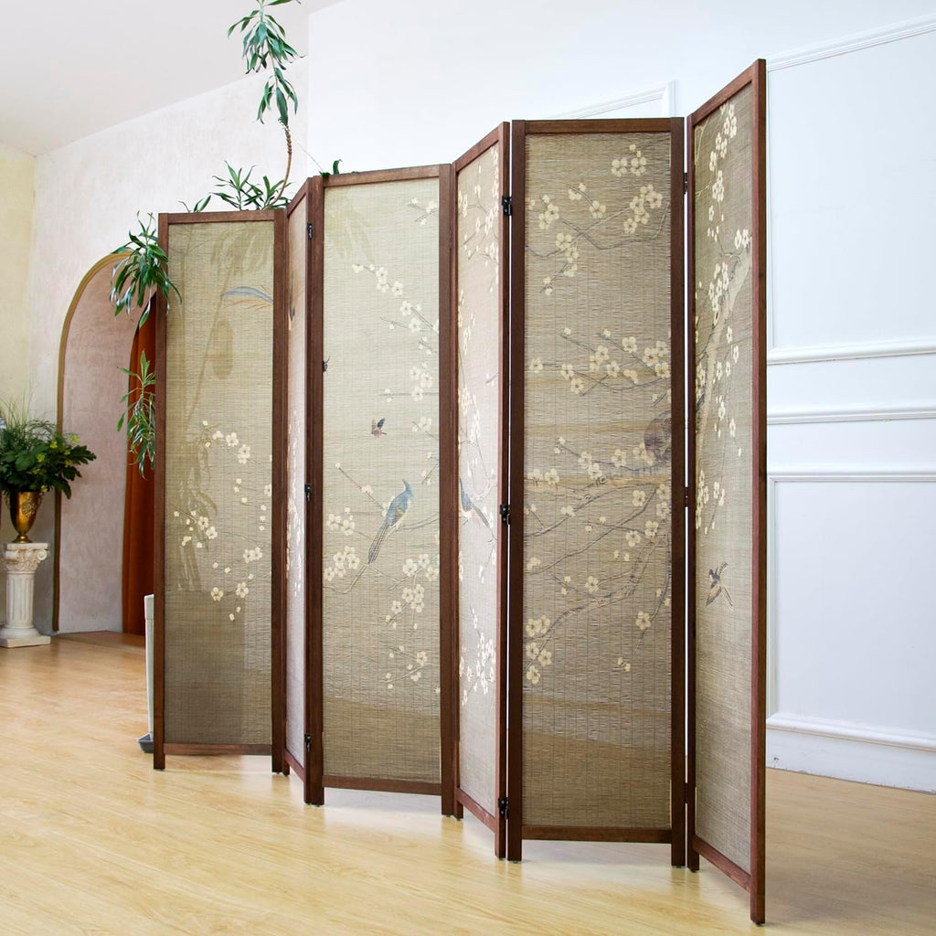6 Panel Room Divider Screen and Folding Panel Screen,Double Sided Bamboo Divider for Room Separation,White Plum and Birds,67" H x 63" W,67" H x 94.5" W