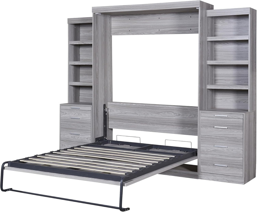 Full Murphy Bed with Bookcase Shelves and 6 Drawers,Metal & Pine Wood Folding Murphy Wall Bed Cabinet for Adults