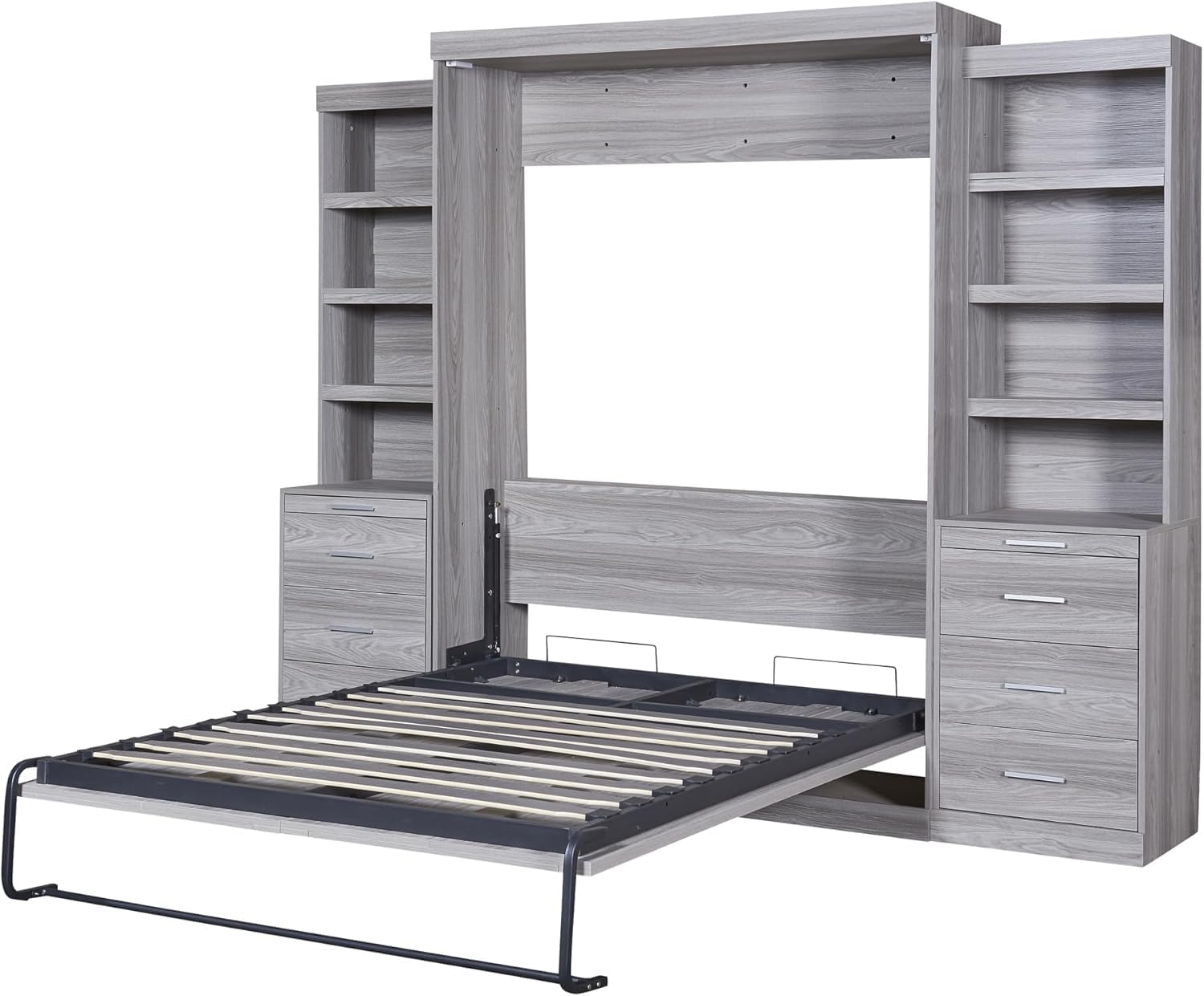 Full Murphy Bed with Bookcase Shelves and 6 Drawers,Metal & Pine Wood Folding Murphy Wall Bed Cabinet for Adults