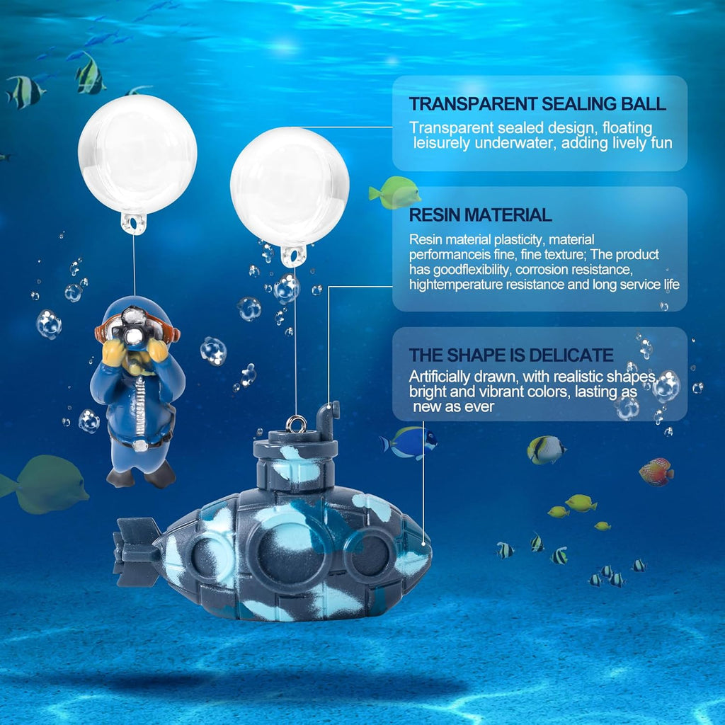 CousDUoBe 2.1 in Mini Floating Submarine Fish Tank Decoration Set，Cute Retro Submarine Set and Floating Diver,Aquarium Decorations Resinous Betta Fish Tank Accessories