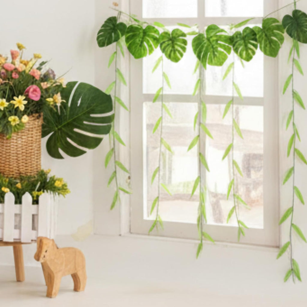 XunYee 110 Pcs Artificial Vines Greenery Garland and Monstera Palm Leaves Decoration Set, Fake Wicker Rattan Vines Tropical Faux Leaves Bulk for Jungle Safari Baby Shower Plant Party Decoration