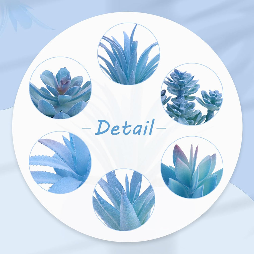GREENTIME 6 Pcs Blue Artificial Succulent Plants in Mini White Plastic Pots Small Fake Succulent Plant Faux Indoor Decor Bedroom Desk Bathroom Office Living Room Table Shelf Home Decoration